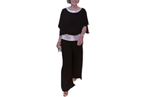 SUYUKU Conjunto elegante de 2 piezas con lentejuelas para mujer, holgado, color sólido, casual, de dos piezas, de gasa de verano, pantalones semiformales, trajes para boda, fiesta de noche, pantalones
