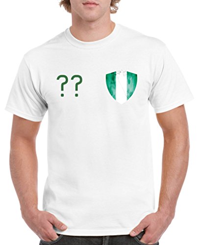 Comedy Shirts – Nigeria Trikot – Wappen: Klein – Wunsch – Herren T-Shirt – Weiss / Dunkelgrün Gr. XL