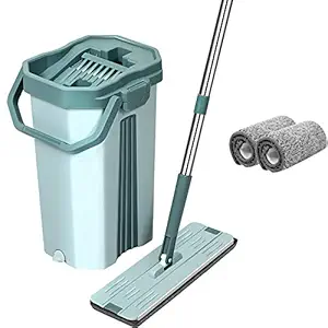 U.P.C. Upgraded Hands-Free Squeeze Microfiber Flat Spin Mop System 360? Flexible Head (38X12.5 cm) with 1 Super-absorbent Microfiber Pads, 59.8'' Extended Stainless Steel Handle - Green.