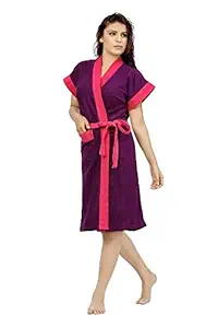 Elevanto Premium Collection Half Sleeve Soft Terry Cotton Bathrobe-Free Size(Purple & Pink Strips)