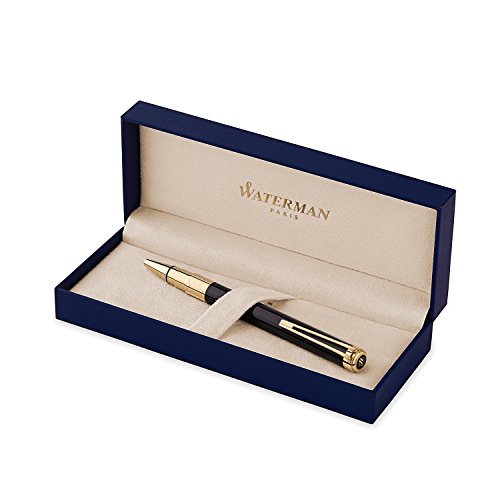 Waterman Perspective Penna a Sfera, Punta Media con Cartuccia di Inchiostro Blu, Nero Lucido con Clip in Oro 23 Carati, Confezione Regalo