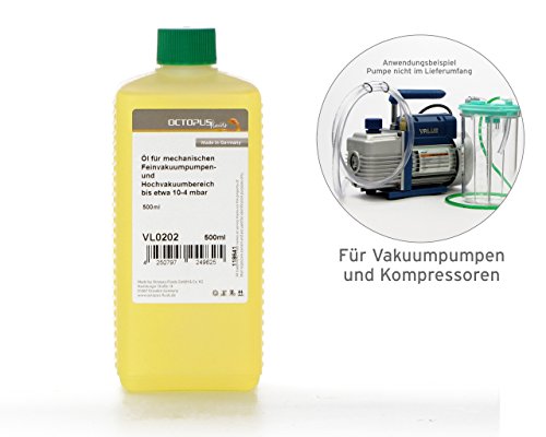 Öl für Vakuumpumpe, Vakuum Öl, Nachfüllflasche mit 500ml, spezielles Vakuumpumpenöl mit einem engen Siedebereich für mechanische Fein- und Hochvakuumpumpen, Drehschieberpumpen, Sperrschieberpumpen, Wälzkolbenpumpen und Kreiskolbenpumpen.