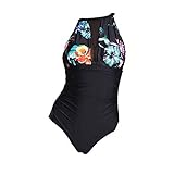 XuxMim Frauen Einteiler Blume Print Schlüsselloch Mesh Halfter Plunge Geraffte Monokini Bademode(Schwarz,XXX-Large)