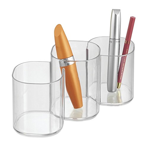mDesign Kosmetik Organizer mit drei Fächern – praktische Ablage für Makeup Pinsel, Eyeliner, Lipgloss und andere Pflegeprodukte – Schminkaufbewahrung für den Waschtisch – durchsichtig