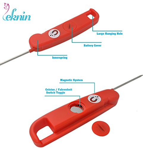 Digital Küchenthermometer Haushaltsthermometer – Leknin Einkochthermometer mit LCD Display und Magnethalter, sofort lesen, lange Sonde, ideale für Braten, Kochen, Grillen/BBQ, Backen, Baby-Ernährung (Rot) - 4