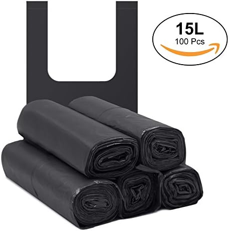 HCLKSTORE Bin Bags, 15L Strong Durable Handy Garbage Bags, Trash Bags, Bin Liners for Office, Kitchen, Living room, Bedroom, Bathroom, etc. 5 Rolls/100 Counts, Size:17.7'' x 25.6'' Black