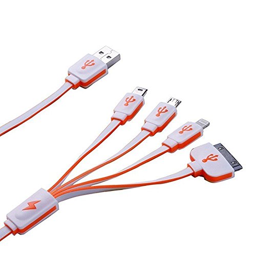 J2CC Multi Ladegerät einziehbar 4 in 1 Multiple USB Ladekabel Adapterstecker mit 8 Pin Lightning / 30 Pin / Micro USB2.0 / Mini USB-Ports für alle iPhone, iPad, iPod, Android, Amazon Kindle, mp3, mp4, Power Bank, Auto Aufladeeinheit und mehr (100cm, weiß + orange) - 2