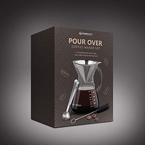 Housewares Solutions Pour Over Coffee Maker Set - 34 oz Glass Carafe, Stainless Steel Filter with Coffee Scoop and Cleaning Brush