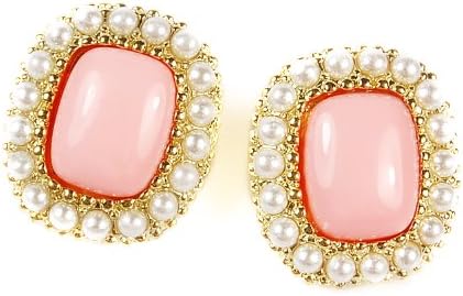 Vintage Antique Baroque style Big Hot Pink Gold Square Stud Earrings with Faux Pearl J005