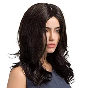 UDCRAFT Womens Middle Part Long Wavy Synthetic Hair Heat Resistance Wig Daily Cosplay Costume Party Full Head Wigs Black FREE wig cap