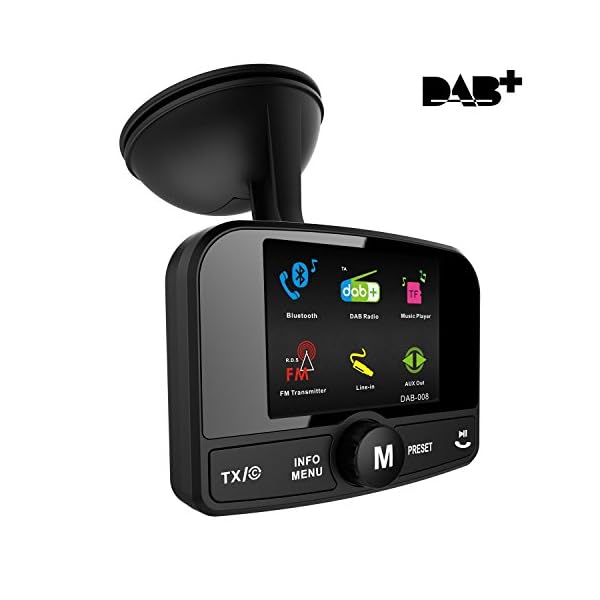 FirstE DAB/DAB+ Autoradio Adapter, 2,4" Farb Autoradio 60 Presets Stationen Tragbar Digital Radio DAB Transmitter Bluetooth Freisprechanruf FM Sender+Aux In/Out+64G TF Musik Play+Dual USB Ladegerät