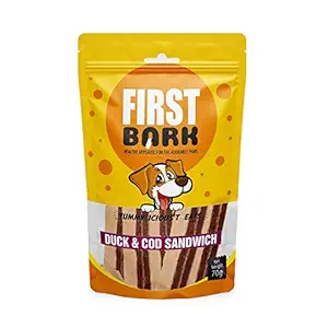 FirstBark Chicken Jerky Dog Treats, Human Grade High Protein Chicken, Fully Digestible Healthy Snack & Training Treat, Free from by-Products & Gluten, Duck & Cod Sandwich (6 X 70g)