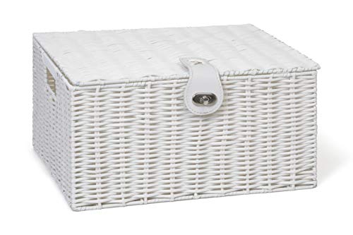 Arpan Large Resin Woven Storage Basket Box with Lid & Lock - White