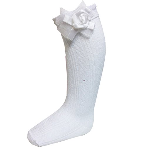 Soft Touch Infants Baby's Knee Socks Baby Girl's Knee Length (White Socks / White Flower, 6-12 Months)