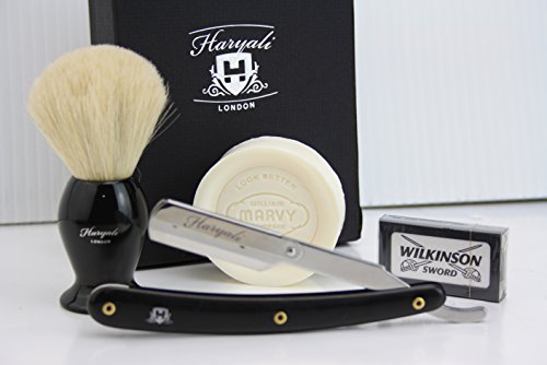 Hand Assembled Sophist Collection Elegantly Designed White Badger Hair Shaving Brush With Straight Cut Throat Razor,Shaving Soap & Pack Of Shaving Blades Traditional Straight Shaving Razor, Using Half Blade.