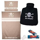 BETTWÄSCHE: Kissenbezug und Deckenbezug aus weicher Baumwolle; je ein Totenkopf auf dem Kopfkissen und dem Deckenbezug; auf beiden Bezügen die Aufschrift 