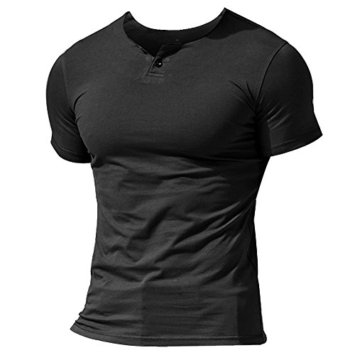 Musclealive Hommes Decontractee Manche Courte Henleys T-Shirt Unique Bouton Patte de Boutonnage Cou uni Chemises en Coton Style A Noir, M