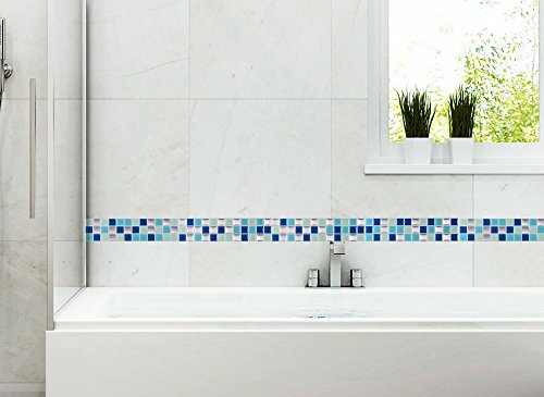 4er Set 25,3 x 5,4 cm Grandora Mosaik 3D Fliesenaufkleber W5195 selbstklebend Küche Bad Wandaufkleber Fliesendekor Folie blau türkis silber - 4