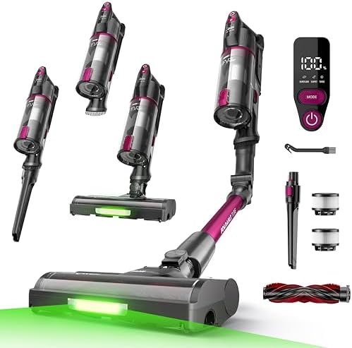 FAMIVAC FV3 Aspirapolvere senza Fili 60KPa/50Min/120㎡, Tubo Pieghevole, Autoportante con Spazzola Antigroviglio, Luce Verde, Scopa Elettrica Potente per Pavimento Duro/Moquette/Peli Animali/Auto