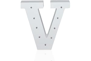 K AKTUAL Letra V en Madera Blanca Iluminada con 9 Luces LED - Decoración e Iluminación de Escaparates o Espacios - Ideal para Apoyar o Colgar - Funciona con Pilas AAA - Altura 15 cm - Aktual