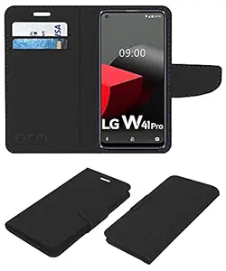 Acm Leather Flip Wallet Front & Back Case Compatible with Lg W41 Pro Mobile Cover Black