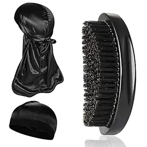 Silky Durag with Wave Brush and Silk Stocking Wave Caps Set for Men 360, 540, 720 Waves, Doo Rags Compression Cap and Medium/Hard Hair Brush Kits