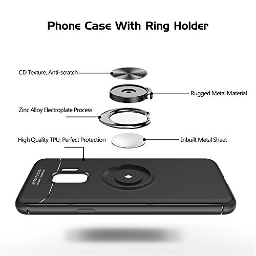 HandyhÃ¼lle Samsung Galaxy S9 HÃ¼lle mit HD- Schutzfolie,LeYi Neu Original Handy HÃ¼lle S9 HÃ¼lle Case mit Metall 360 Rotation Verstellbarer Ring Grip Stand Halter StÃ¤nder Personalized Design Kompatibel mit Magnetischer Autohalterung,UltradÃ¼nnen Ultra Slim Fit StoÃŸdÃ¤mpfung Anti-Scratch Silikon StoÃŸfÃ¤nger Bumper Anti-Fingerprint Soft Flexible TPU Smartphone SchutzhÃ¼lle fÃ¼r Samsung Galaxy s9 HandyhÃ¼lle Handycover Men JSZH-TPU Black