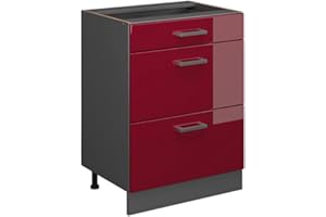 Vicco Mueble bajo de Cocina R-Line, Rojo de Alto Brillo, 60 cm con cajones, sin encimera