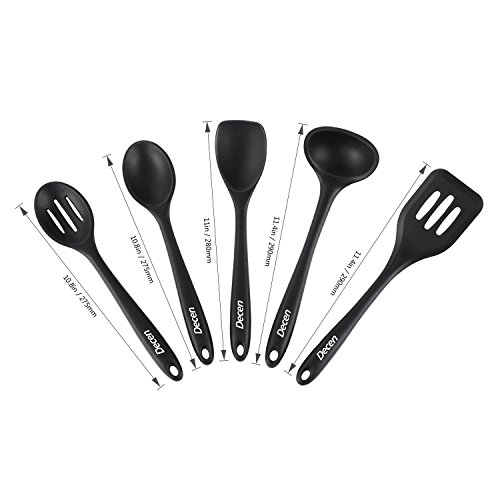 Decen Küchenutensilien Set, Silikon Dreher, Suppenkelle, Schlitzlöffel, Spachtel und Löffel, Schwarz - 2