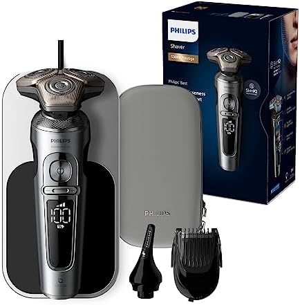 Philips Rasoio elettrico bagnato e asciutto serie 9000 Prestige, lame di precisione doppie NanoTech, rivestimento Hydro SkinGlide, sistema di sospensione Ultraflex, motore digitale Top-Spin (modello SP9871/22)