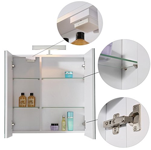 Eurosan 2-türiger Spiegelschrank, Superflach, Halogenaufsatzleuchte, Breite 70 cm, Weiß, Berlin, B70 - 3