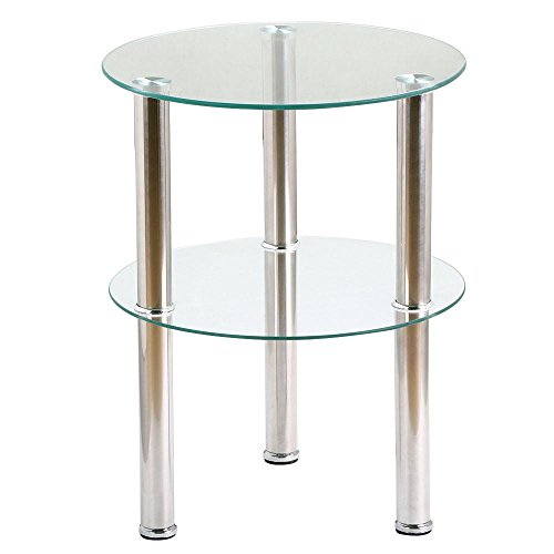 Yaheetech Small Round Glass 2 Tier Sofa Side End Table Stainless Steel