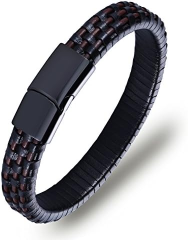 BANDPLUS Men’s Genuine Leather Bracelet Wristband, 8.5" Length Braided Rope Bracelet Cuff Bangle for Men with Black 316L Stainless Steel Magnetic Clasp
