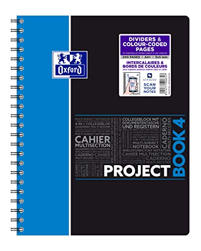 Oxford ProjectBook Cahier à Spirales Format A4+ 200 Pages Petits Carreaux 5x5 mm Couverture Polypro Couleur Aléatoire