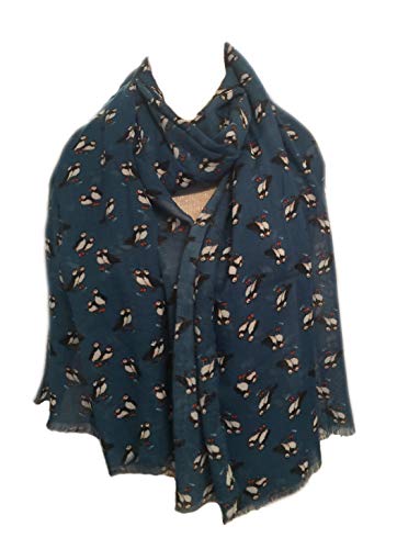 LilyRosa® Womens Blue Black & White Puffin Puffins Bird Peony Scarf