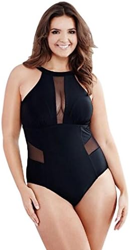 Womens Plus Size Monokini Swimming Mesh Padded Bikini Hollow Out Halter Swimsuit Backless Swimwear Bathing Suit (Black, XXL)