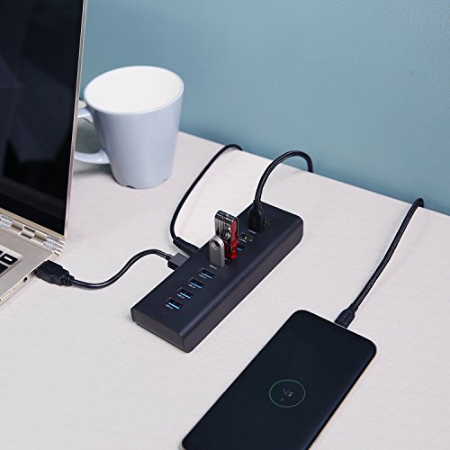 AUKEY USB 3.0 Hub 7 Datenports mit 3 Ladeports mit 48W Netzteiladapter Schwarz für USB kompatiblen Geräten - 5