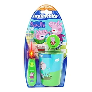 aquawhite Peppa Pig Flash Light Kids Toothbrush with Hygiene Cap & Rinsing Cup - Set of 3, (3+years)