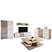 Produktbild Mirjan24  Wohnzimmer Set Inline I, 5-TLG. Komplett, Kommode, TV Lowboard, Wandregal, Couchtisch, Schrank (Bernstein Eiche/Hell Atelier + Weiß Matt, mit LED-Beleuchtung)