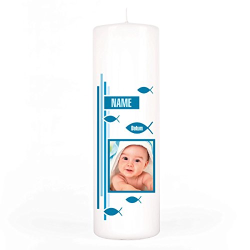 Striefchen® Taufkerze mit Foto, Namen u. Taufdatum, blau 8x25 cm