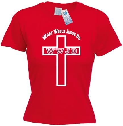 WWJD - WHAT WOULD JESUS DO CROSS LADY FIT T SHIRT ( X LARGE - RED ) Premium New Ladies Womans Girl Tight Fit tshirt Novelty God Christian Sleep Fashion Eat Slogan Religious wristband Funny Gift Prese
