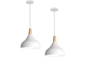 Hongho Suspension Luminaire Vintage Métal Lustre Industriel Lampes E27 Corde Ajustable Abat-jour Bois Aluminium pour Salon Cuisine Restaurant Salle à manger Chambre (Blanc 2pcs)