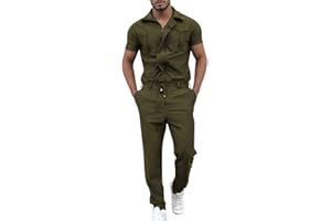 Oanviso Herren Overalls Einteiliges One-piece Sommer Jumpsuit Einfarbig Set Kurzarm mit Reißverschluss Hose Lang mit Taschen Mode Casual Overall Hemd mit Revers