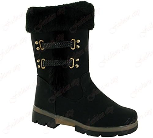 Kids Girls Long Knee High Calf Riding Block Heel Two Buckle Smart GBO-6829 Boots (UK 1, Black)