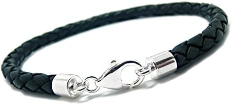 Carla Marie Jewellery Mens Ladies Leather Bracelet 5.5mm Chunky Braided Sterling Silver Ends Clasp Black 8.5" / 21.6Cm