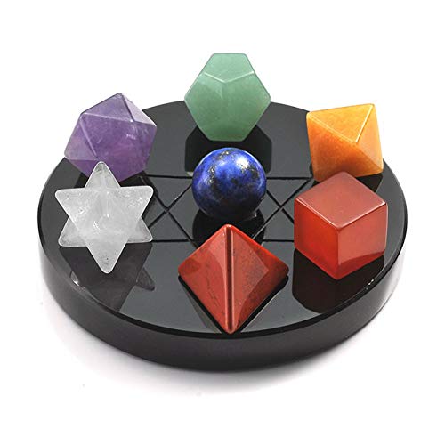 CrystalTears Chakra Reiki Stein Platonic Solids Geometry Edelstein 7Pcs Set/Sieben Farben mit Schwarze natürliche Edelsteinbasis