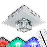 DECKENLAMPE MIT BUNTEM LICHT: Dieser moderne Deckenspot in seinem schlichten Design besteht aus einem Sockel, an dem vier quadratische Spots aus transparentem Glas angebracht sind. Die Lampe ist mit GU10-Fassungen und bunten LEDs ausgestattet.