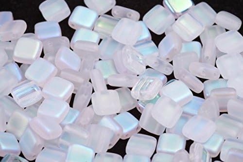 20 (pcs) x 6mm Two Hole Czech Tile Brick Glass Square Rectangular Spacer Beads -Lustre White - W000