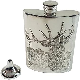 ROARING STAG LUXURY EMBOSSED PEWTER HIP FLASK 6OZ AND FUNNEL 12 X 8.5CM MADE IN UK