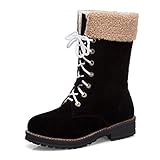 TianWlio Frauen Herbst Winter Stiefel Schuhe Stiefeletten Boots Stiefel Volltonfarbe Quadratische Ferse Schnür Wildleder Stiefel Schneestiefel Runde Zehen Schuhe Schwarz 36